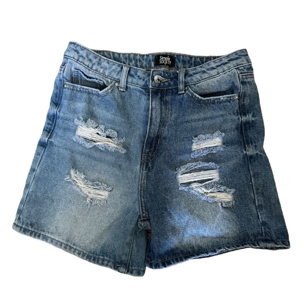 Simple Society Blue Denim Distressed Hi-Rise Bermuda Shorts Size 5/27
